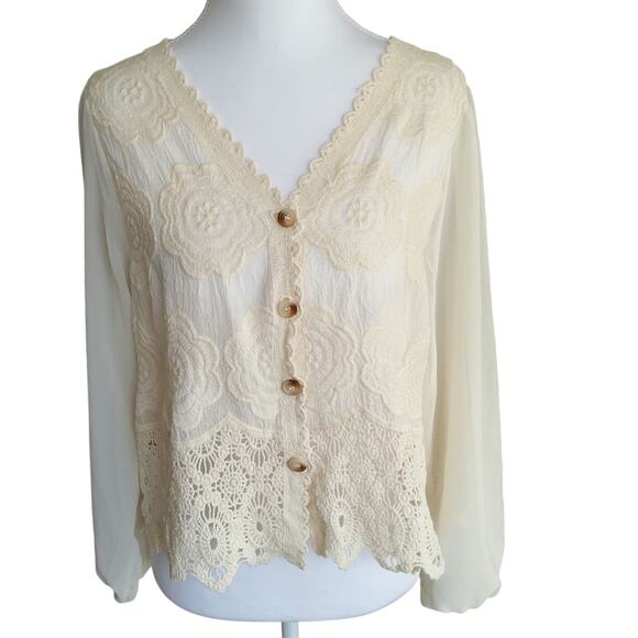 Women's crochet floral cottagecore Top buttoned sheer balloon sleeve cream boho - Picture 1 of 10
